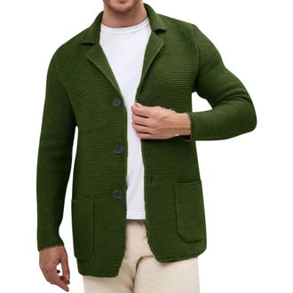 Generic Mens Knit Blazer Cardigan Sweater Casual Slim Fit Knitted Sweater Classic Autumn Long Sleeve Sweater, Army Green, Large