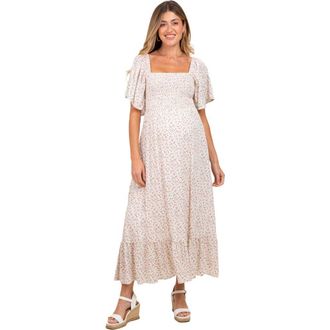 Pinkblush Ditsy Floral Smocked Midi Dress in Cream at Nordstrom, Size Medium