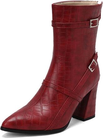 Generic Womens Crocodile Pattern Ankle Booties Buckle Decor Chunky Heels Pointed Toe Cushioned Insole Durable Upper Non Slip Outsole Party Evening Casual Shoe