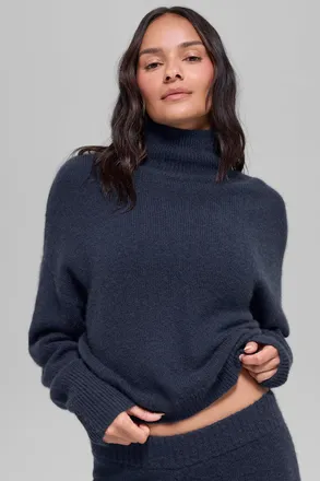 Alo | Wool Cashmere Cropped New Class Turtleneck Sweater Top in Navy Blue, Size: Medium