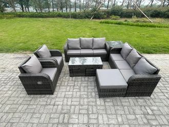 Fimous 11 Seater Wicker PE Rattan Sofa Set Outdoor Patio Garden Furniture with 2 Reclining Chairs Coffee Table Side Table in Dark Grey