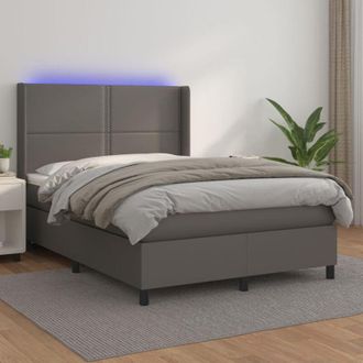 vidaXL Vidaxl - Cama Box Spring Colch&oacute;n Y Led Cuero Sint&eacute;tico Gris 140x190 Cm