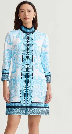 Ming Wang Heritage Lined Printed Stretch Deco Crepe Jacket in Serene/white/black at Nordstrom, Size X-Small