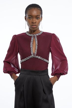 Karen Millen Womens Bandage Embellished And Chiffon Sleeve Figure Form Knit Top - Burgundy - Size X-Small