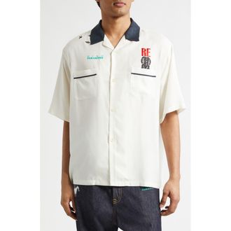 Undercover Graphic Short Sleeve Cupro Blend Button-Up Shirt in Ivory at Nordstrom, Size 4