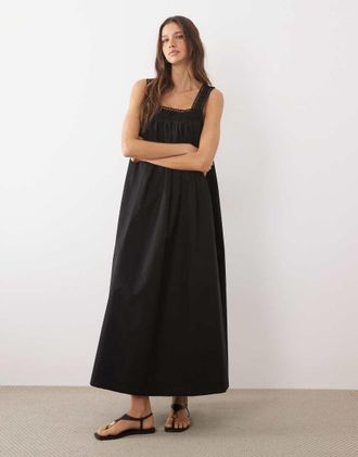 Asos Prendisole lungo color cioccolato con scollo squadrato e finiture in pizzo-Marrone