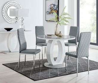 Furniturebox Giovani Round 4 Seat 100cm White High Gloss Halo Base Grey Glass Top Dining Table 4 Soft Faux Leather Silver Leg Milan Chairs