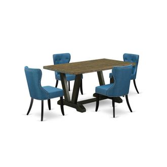 East West Furniture 5-Pc Dining Room Set- 4 Dining Room Chairs with Blue Linen Fabric Seat and Button Tufted Chair Back