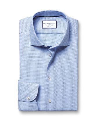 CHARLES TYRWHITT Non-Iron Stretch Texture Grid Cotton Formal Shirt - Sky Blue Single Cuff Size 17.5/35 by Charles Tyrwhitt