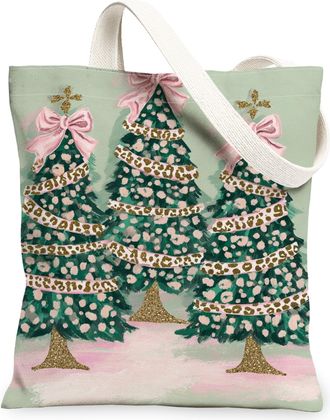 Generic Christmas Trees Canvas Tote Bags, Elegant Holiday Pattern Reusable Bags, Winter Vintage Washable Shoulder Strap Canvas for, Green, 13x15 Inch
