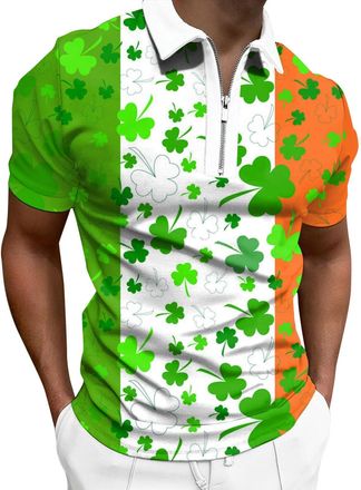 Generic Plus Size St. Patricks Day Mens T-Shirts Polo St Patricks Day Outfit Casual Loose Lapel Short Sleeve Half Zipper Irish Lucky Shamrock Print Blouse Luc