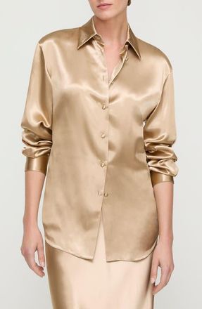 Lafayette 148 New York Fitted Silk Stretch Charmeuse Button-Up Shirt in Natural Gold at Nordstrom, Size 10