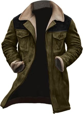 Generic Mens Trench Coats 3/4 Length Fleece Lined Padded Winter Jacket For Men Large Size Lapel Collar Overcoat Vintage Washed Color Trench Coat Full Zip Up O