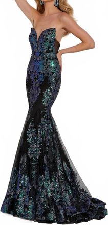 Jasz Couture Sweetheart Floral Beaded Prom Dress In Black/multi