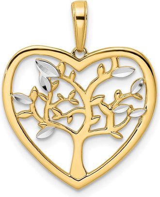 Diamond2Deal 14k Yellow Gold and White Rhodium Diamond-cut Tree of Life Heart Pendant