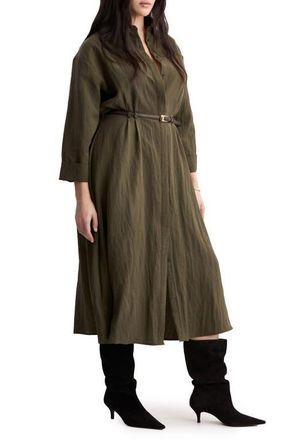 Mango Long Sleeve Shirtdress in Khaki Green at Nordstrom, Size 2