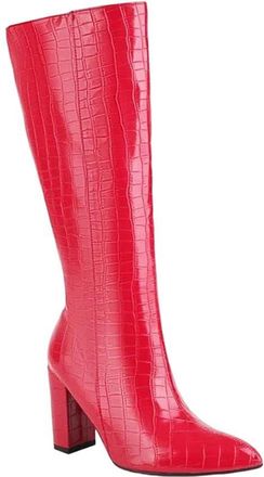 Generic Womens Plus Size Mesh Stone Grain Pointed Toe Chunky Heel Boots Striped Winter Warm Lining Knee