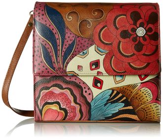 Anuschka ANUSCHKA Anna Hand Painted Leather WomenS Flap Crossbody Organizer, Teal Blue-Tribal Potpourri