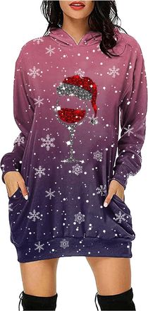 Generic Women Christmas Dress Merry Christmas Letters Snowflakes Wine Glass Xmas Prints Long Sleeve Hooded Loose Sweatshirt Dresses Outfits for Women (e-Purpl