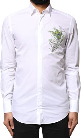 Dolce & Gabbana White Cotton Peacock Feather GOLD Formal Mens Shirt (Pre-Owned)
