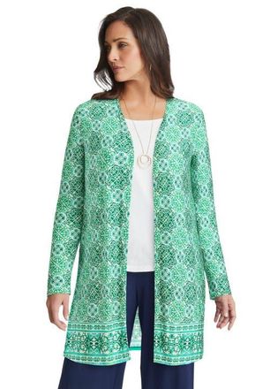 Jessica London Everyday Stretch Knit Open Front Cardigan in Green Mosaic Border at Nordstrom, Size 36