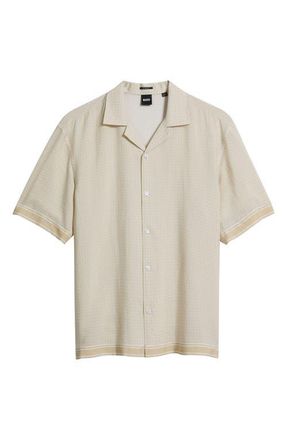 BOSS Lars Relaxed Fit Micropattern Camp Shirt in Open Beige at Nordstrom, Size X-Large