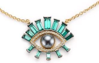 Kurt Geiger Faux Pearl Evil Eye Pendant Necklace in Green at Nordstrom Rack