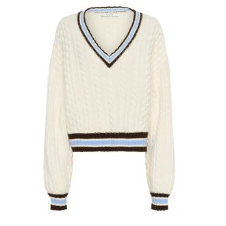 Gestuz Gestreepte Kabeltrui Pullover - Dames - V-hals truien - Wit - XS - Wol - Truien & Vesten