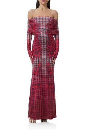 AFRM Thelma Off the Shoulder Long Sleeve Maxi Dress in Ruby Houndstooth at Nordstrom Rack, Size Small