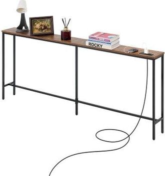 OEM Mesa De Consola Estrecha Para Sof&aacute;, 180 X 20 X 80 Cm, Mesa De Entrada Larga De 1 Nivel Con Tomas De Corriente, Estructura De Metal Y Estaci&oacute;n De Carga
