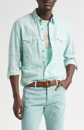 Ralph Lauren Slim Fit Plaid Seersucker Western Snap-Up Shirt in Turquoise Multi - at Nordstrom, Size X-Large