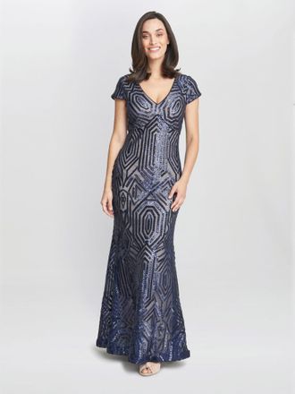 Gina Bacconi Womens Marcia Sequin Contrast Gown - Navy - Size 10 UK