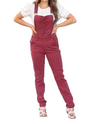 Judy Blue High Waist Garment Dyed Boyfriend Double Cuff Overalls In Maroon