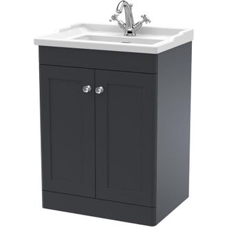 Nuie Nuie - Classique Floor Standing 2-Door Vanity Unit with Traditional Basin 600mm Wide Satin Anthracite - 1 Tap Hole