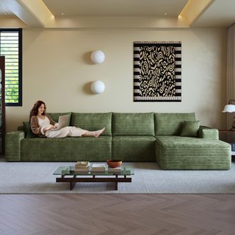 STILVORA Divano Modulare 4 Posti In Velluto A Coste Con Chaise Longue A Destra, Senza Montaggio, Verde
