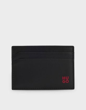 HUGO BOSS Mens HUGO Tibby Mens Leather card holder with red-foil stacked logo - Black 001 - Size: ONE size