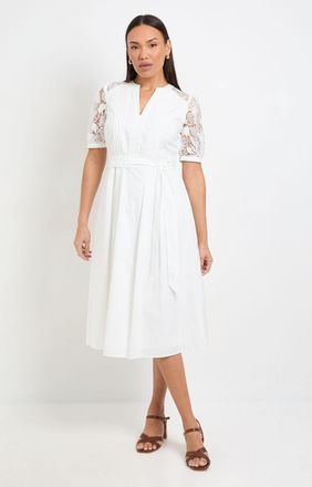 Wallis Womens Petite Cotton Lace Belted Midi Dress - White - Size 18 UK
