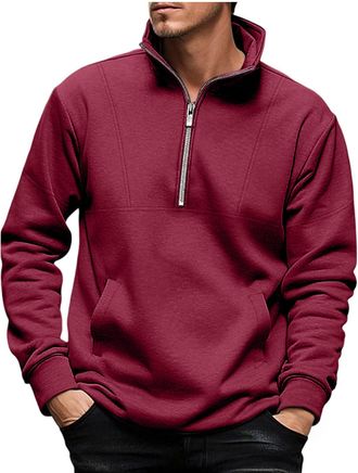Generic Half zip Sweatshirts for Men UK Fashion Solid Color Stand Collar Jackets Fleece Lined Warm Turtleneck Pullover Classic Loose Fit Long Sleeve Sweatshir