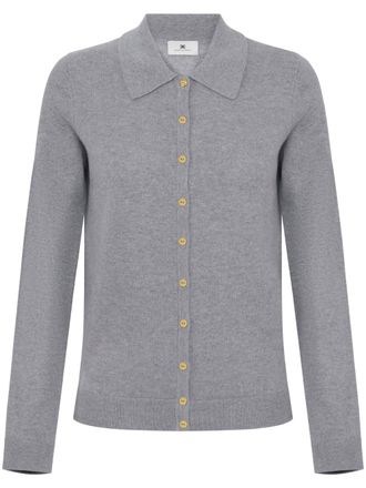Elisabetta Franchi Button-Up Sweater with Pointed Collar and Ribbed Details