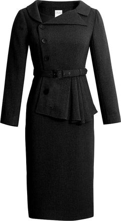 Chic Star Womens Formal Dress, Asymmetric Button Closure, Belted Waist, Long Sleeves, Tweed Fabric, Black, 1x