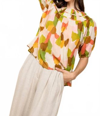 THML Clothing Krista Abstract Multi Color Short Sleeve Top In Olive