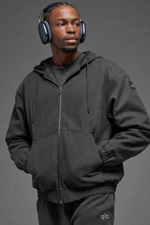 Alo | Cotton Canvas Full Zip Hoodie in Anthracite Grey, Size: 2XL