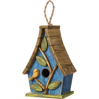Glitzhome 9.5H Distressed Solid Wood Birdhouse with 3D Leaves in Blue at Nordstrom, Size Medium