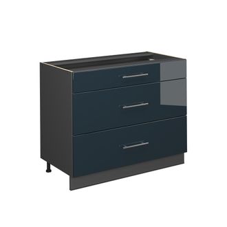 Vicco Mueble Bajo De Cocina Fame-line, Azul Oscuro Alto Brillo/antracita, 100 Cm Sin Encimera, Vicco