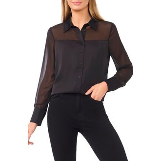 CeCe by Cynthia Steffe Sheer Detail Button-Up Shirt in Rich Black at Nordstrom, Size Medium