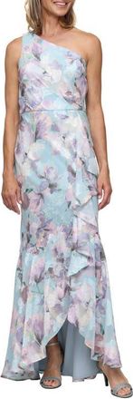 Alex Evenings One-Shoulder Floral Print Burnout Chiffon Gown in Blue/Multi at Nordstrom, Size 10P