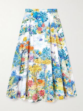 Mary Katrantzou Gonna Midi In Popeline Di Cotone Floreale A Pieghe Cadiot - Blu