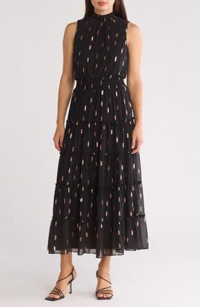 Halogen Print Smocked Mock Neck Tiered Maxi Dress in Rich Black 060 at Nordstrom Rack, Size X-Large