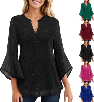 Generic Ladies Blouses Top 3/4 Bell Sleeve Sequin Tunic Tops Casual Dressy V Neck Black Red Pink Double Layered Party Holiday Beach Elegant Wear Orange Green 