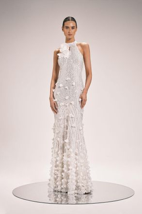 Karen Millen Womens Crystal Applique Woven Maxi Rosette Dress - White - Size 12 UK